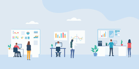 Obraz premium Modern office space with people working on computers and analyzing data