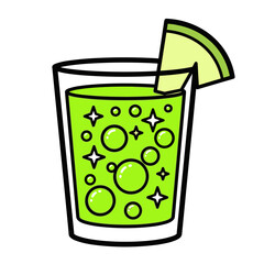 Vibrant green melon soda in a glass with bubbles and a melon slice garnish, isolated on a crisp white background