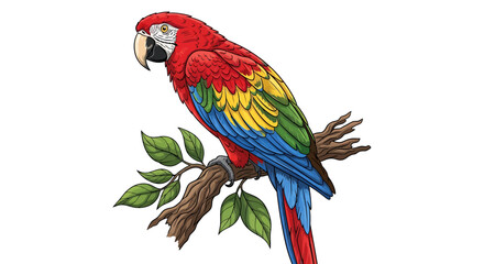 Obraz premium Vibrant Scarlet Macaw Parrot Perched on a Branch with Green Leaves