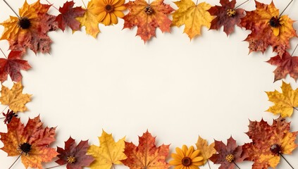 Fototapeta premium Colorful autumn frame adorned with vibrant maple leaves and delicate flowers in warm, inviting tones