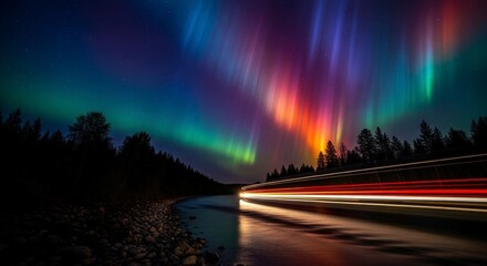 Vibrant aurora borealis displaying over night landscape with trees and road