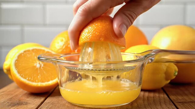 Hand Squeezing Fresh Orange Juice on a Wooden Table