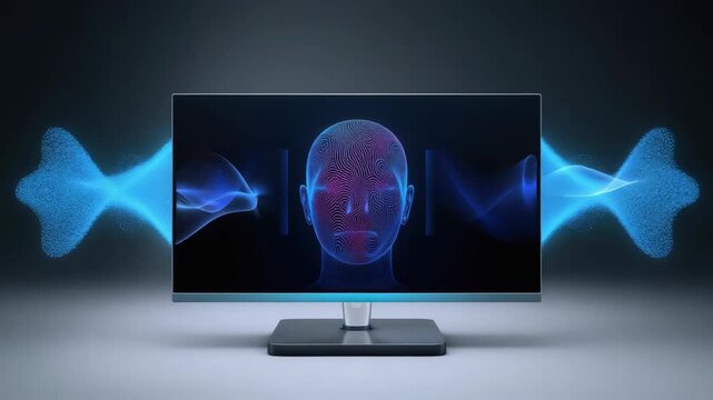 Futuristic monitor biometric face mesh with abstract waveform soundwave blue light hologram