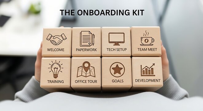Onboarding kit with wooden blocks for new employee integration