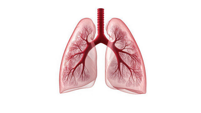 Detailed illustration of human lungs and trachea showcasing intricate branching airways for respiratory health and anatomy education on transparent background. on transparent background
