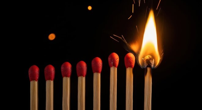 Row of matchsticks with one lit match sparking on black background with sparks flying