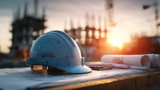 Engineer Helmet And Blueprint On Site