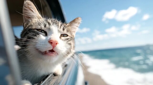 Cat Enjoying Ocean Breeze From Car
