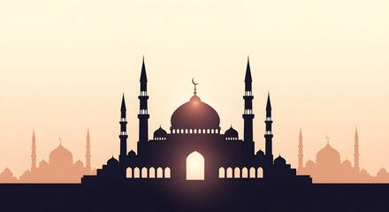 Fototapeta premium Black illustration of an Islamic mosque silhouette, adorned with a crescent moon, representing Ramadan