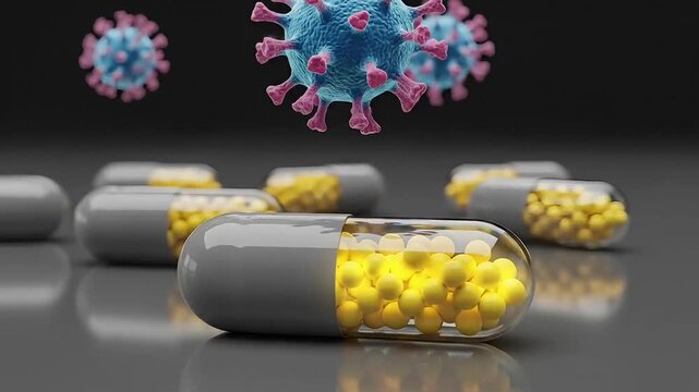 Coronavirus C O V I D-19 virus particles floating above open and closed capsules with yellow