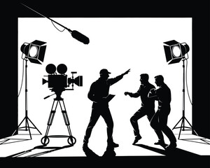 Film director silhouette, professional director pointing finger while instructing actors on movie set with camera crew and boom operator recording sound under spotlights. © Dream publishing 