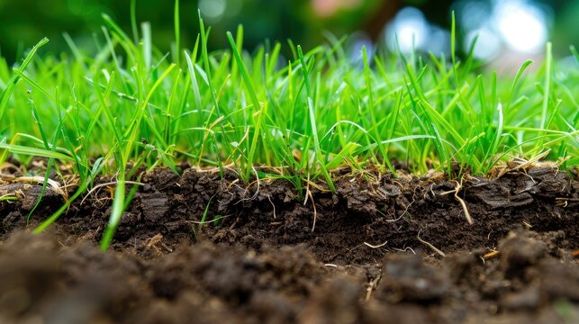 Close-up View of Fresh Green Grass and Rich Brown Soil Layering in a Garden Landscape Setting