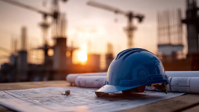 Engineer Helmet And Blueprint On Site