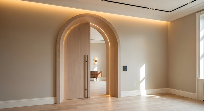 Interior view of an arched doorway with wooden panel
