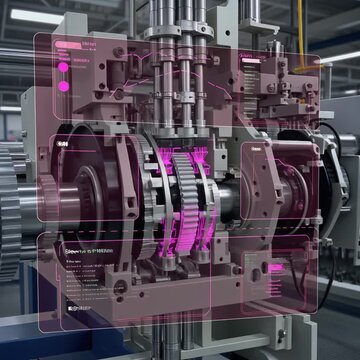 Industrial Machine Diagnostic Scan and Labeling. AR Overlay Elements for Real-World Scenes. Augmented Reality overlay on a complex industrial machine.
