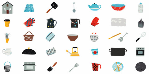 Collection of colorful flat design kitchen and household item icons