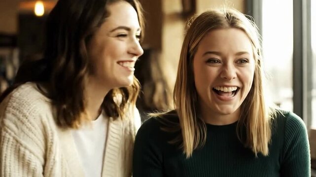 Two young women share a funny secret in a cozy cafe, capturing the joy and intimacy of their friendship. This footage is perfect for content about connection, communication, and girl talk