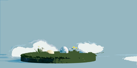A minimalist floating island with an egg flowers and fluffy clouds