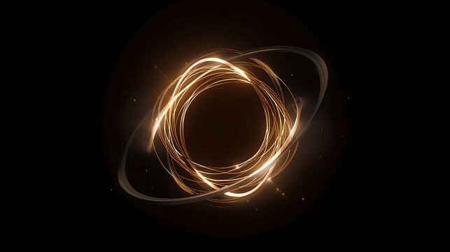 Abstract golden glowing light rings on black background for technology and luxury concept