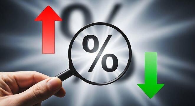 Hand holding magnifying glass over percent sign with arrows