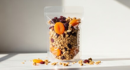 A clear plastic bag filled with homemade granola and dried apricots on a white table with some spilled on the surface