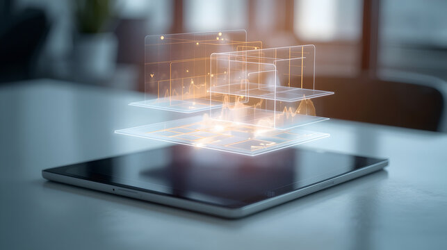 Futuristic digital data visualization and financial charts floating over a tablet screen