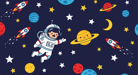 Naklejka premium Astronaut floating in space surrounded by planets, stars, and rockets in a vibrant cartoon illustration
