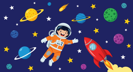 Naklejka premium A happy cartoon child astronaut floats in outer space with colorful planets, stars, a comet, and a launching rocket.