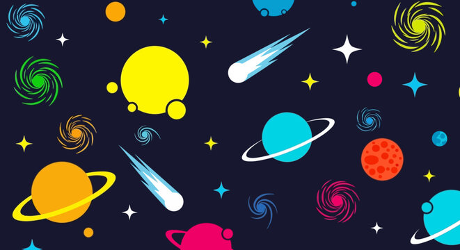 Vibrant cartoon space background with colorful planets, stars, comets, and spiral galaxies on a dark blue sky.