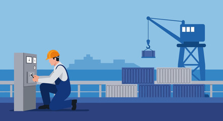 Obraz premium A port worker in a hard hat and overalls operates a control panel next to stacked shipping containers and a large crane.