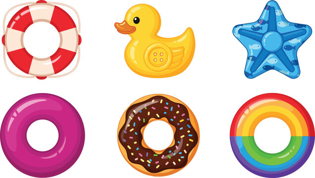 Inflatable Pool Float Collection with Lifebuoy Duck Donut and Rainbow Ring Vector Illustration Set for Summer Beach and Vacation Design