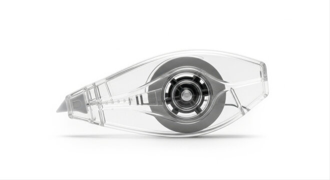 Transparent correction tape dispenser isolated on a pristine white background, showcasing sleek design and modern functionality