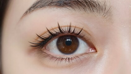 Obraz premium Detailed close up of a light brown eye with long, black eyelashes and an eyebrow above