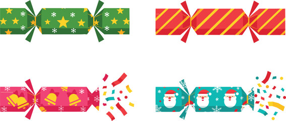 Fototapeta premium Christmas Cracker Collection with Festive Patterns and Holiday Party Popper Vector Illustration Set for Celebration Decoration and New Year Design