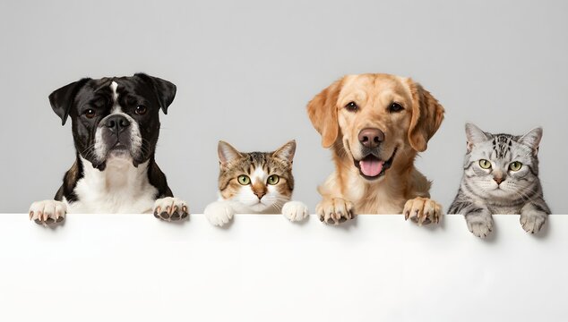 Curious dogs and cats looking over a blank white sign in a studio shot