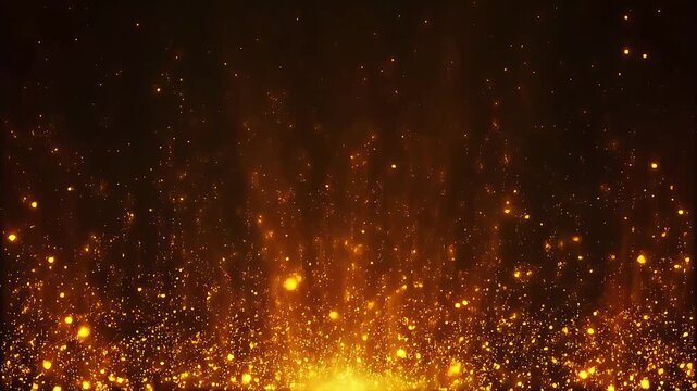 Golden orange ember particles rising gently in dark space with radiant warm glow, cinematic spark fountain background for luxury events, awards and festive visuals.