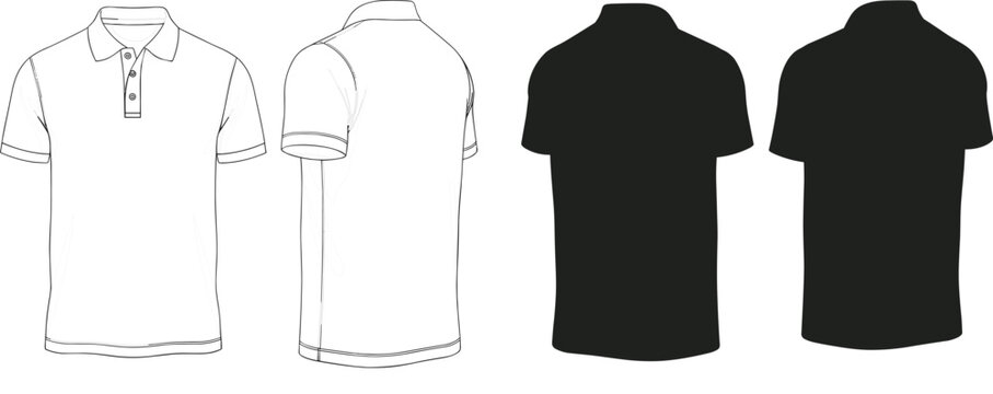 Professional polo shirt technical mockup featuring front and side line art drawings and solid black silhouettes for apparel design and tech pack