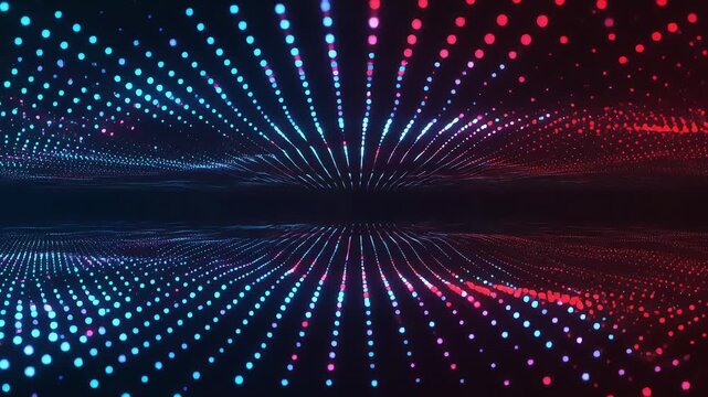 High-tech blue and red digital dot wave background with glowing data grid and futuristic depth perspective, dynamic AI network backdrop for fintech and cybersecurity branding.