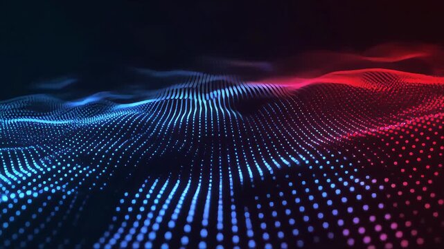 Hi-tech blue and red motion graphic background with digital wave grid and glowing data flow, futuristic AI network backdrop for fintech, cybersecurity and tech branding.