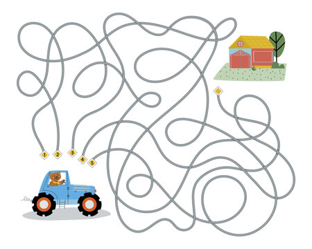 Puzzle for children's development. Bear in a car is looking for a way to the garage. Vector