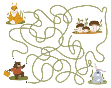 Bear is searching for the way to the mushrooms. Puzzle for children's development. Bear with a basket, a fox and a hare in the bushes, mushrooms in a clearing. Vector