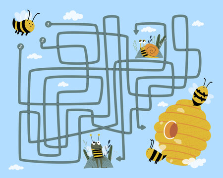 Bee searches for a way to the hive in a maze game.
Maze puzzle for kids. Printable spring break activity, a worksheet with bees and a hive.