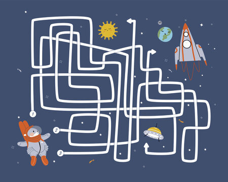 Maze for kids where an astronaut needs to find his way to a rocket. Printable spring break activity, including a worksheet featuring an astronaut and a rocket.