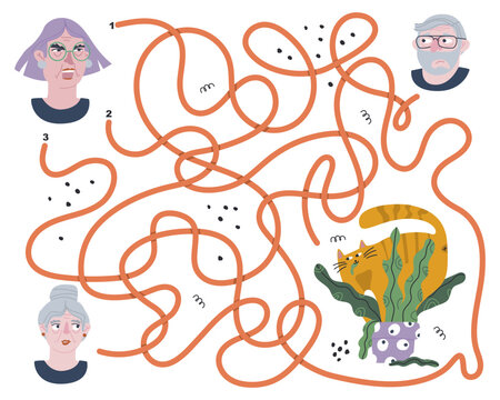 Fun maze game where the housewife searches for the cat.
Maze for kids where the grandmother searches for the way to the cat.Printable spring break activity, a worksheet with a grandmother and a cat.