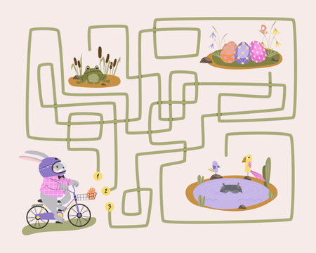 Easter maze for kids featuring a bunny on a bicycle collecting Easter eggs. Fun maze game with a cute bunny. Printable spring break activity, including a worksheet featuring a bunny