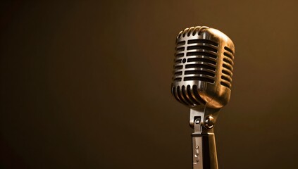 Fototapeta premium Classic microphone in front of a dark background evokes the golden age of broadcasting