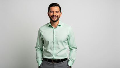 Obraz premium Smiling Portrait: A handsome, confident individual stands tall, radiating warmth with a genuine smile. 