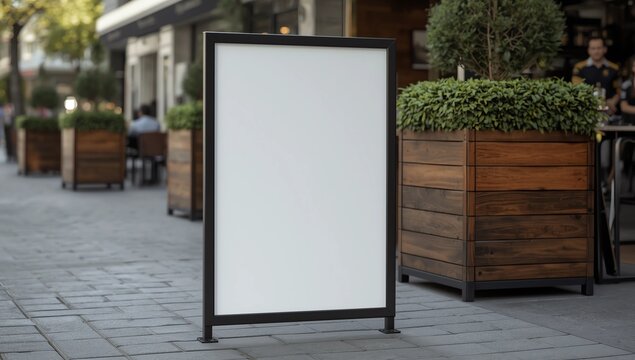 Blank white outdoor advertising stand or sandwich board mock up template. Clear street signage board placed outdoor by green tree hedges Background texture of standee at front of green tree wall 
