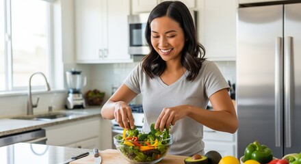 Woman preparing healthy, gut-friendly meal in modern kitchen