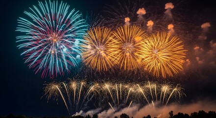 Vibrant fireworks exploding in the night sky with colorful bursts of light and smoke